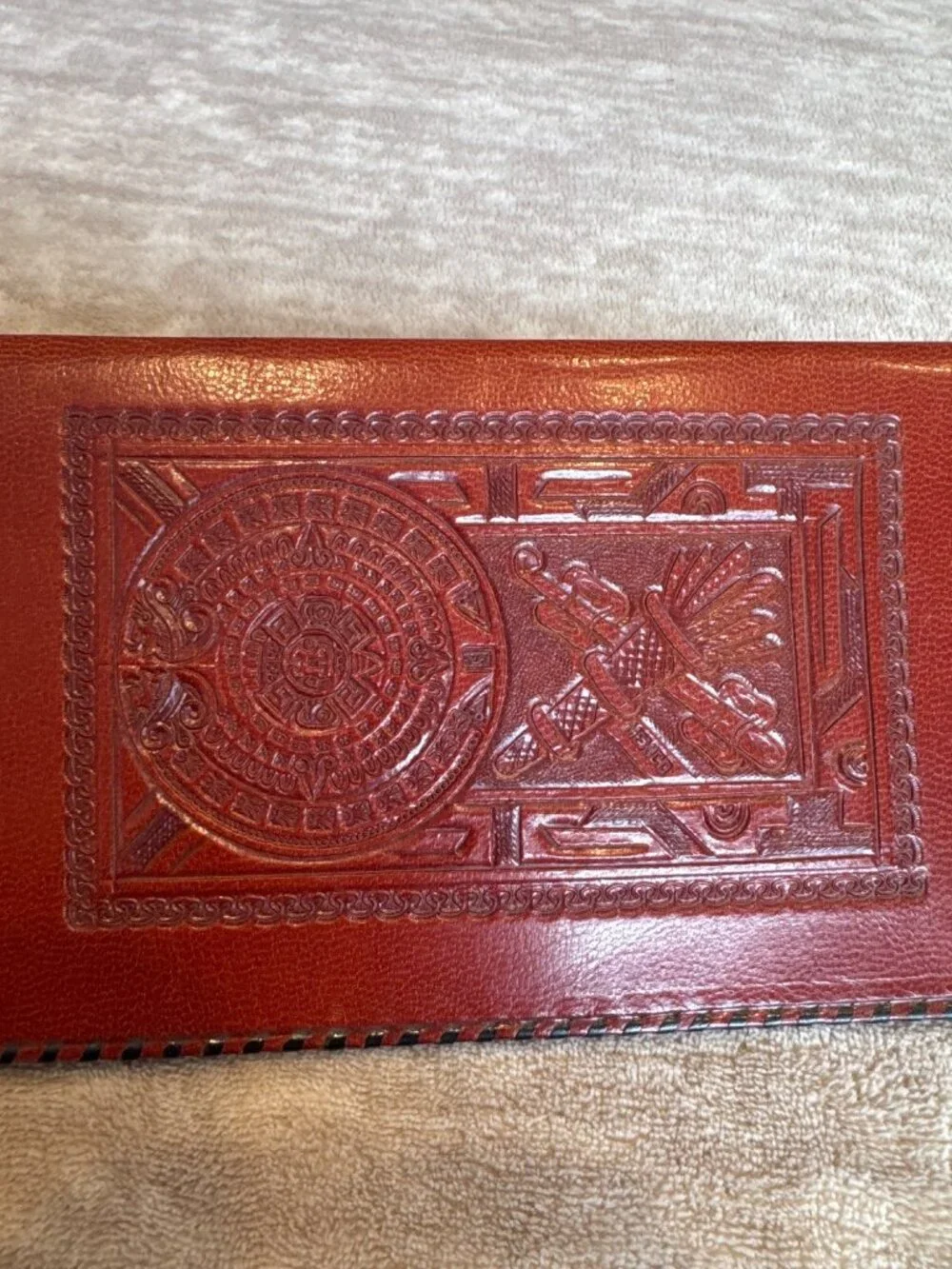 Handcrafted Embossed Leather Wallet Aztec Calendar Design Long Bifold Style